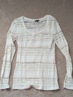Express Women's Ivory Lace-Striped Long Sleeve Scoop Top